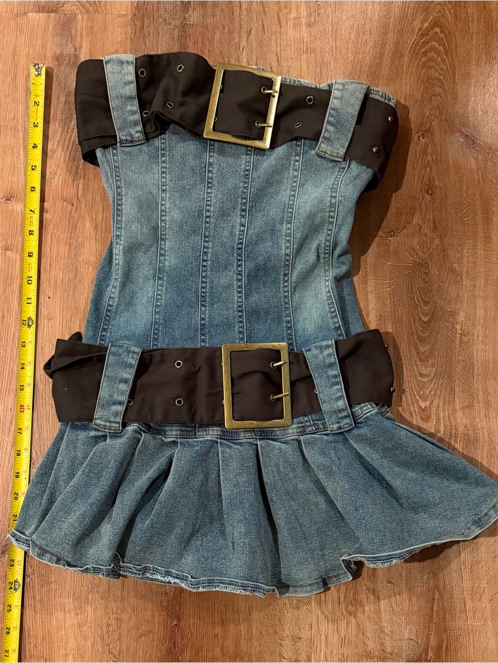 Denim Mini Dress with Dark Brown Belt - Women Dresses Mini